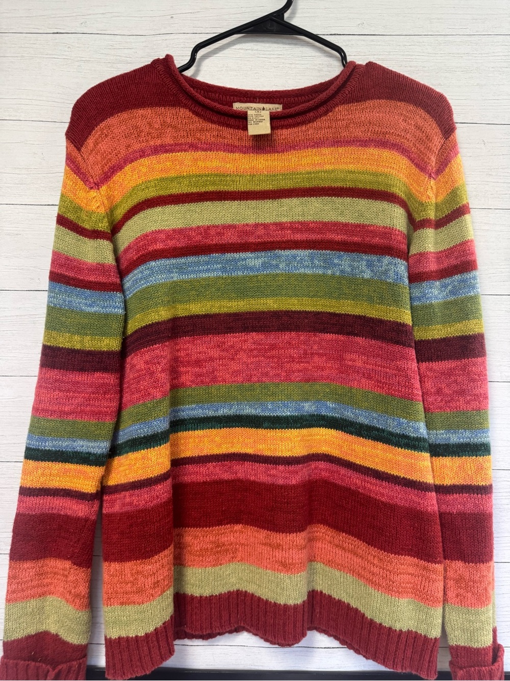 Vintage 90s Mountain Lake Stripe Ramie Cotton Sweater Oversized Small Dopamine